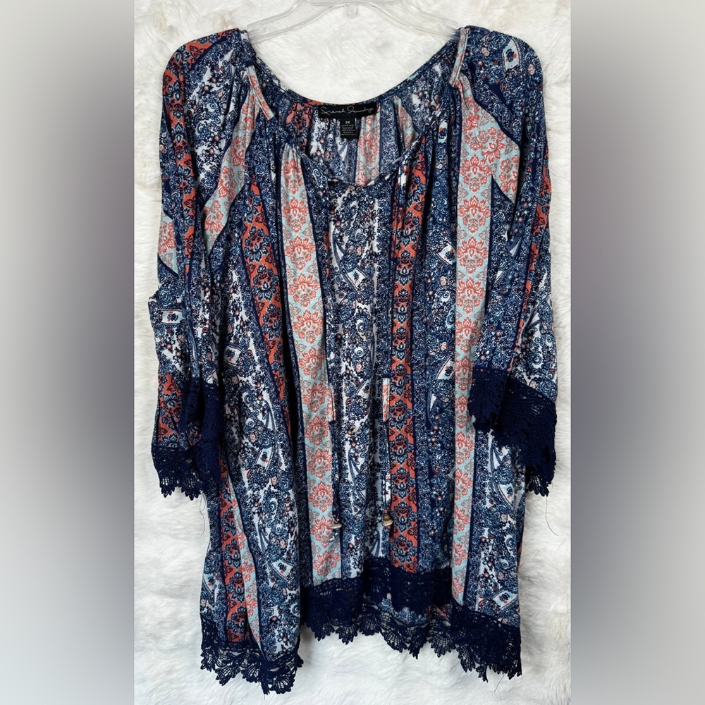 French Laundry Navy and Coral Boho Peasant Tunic